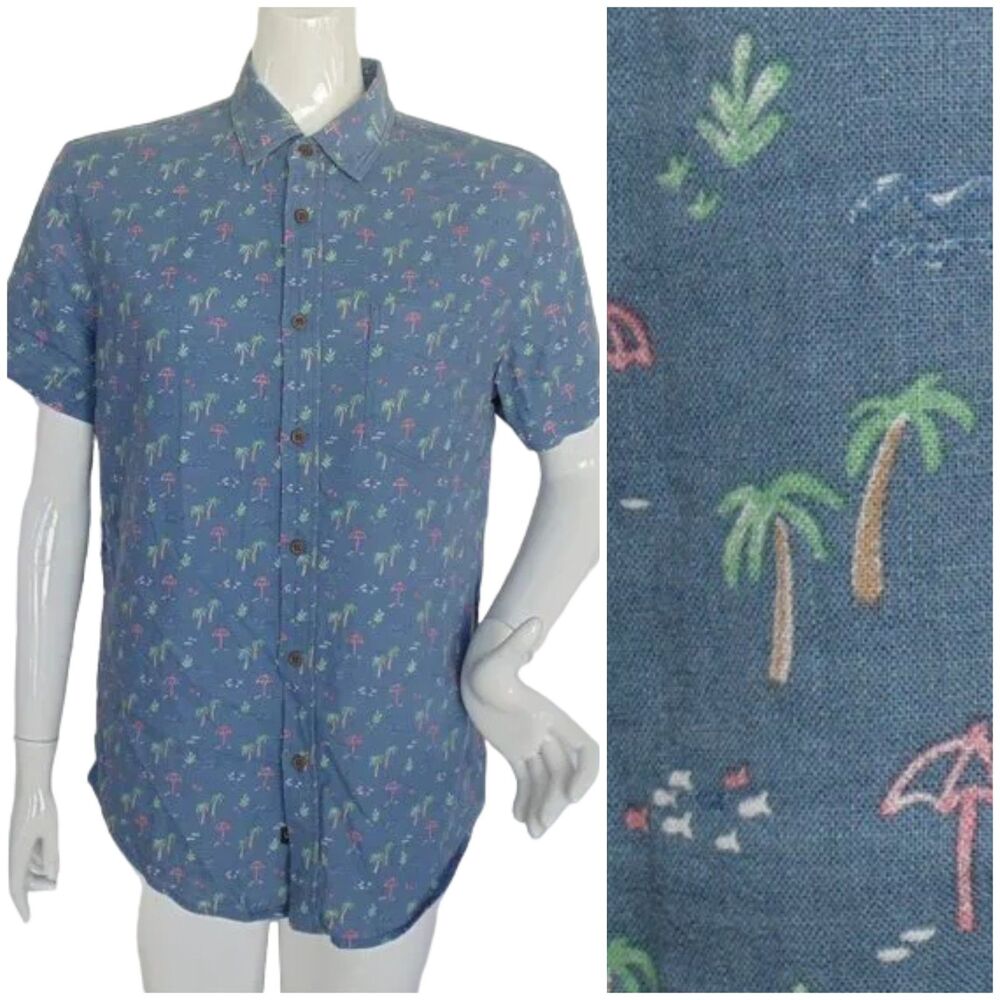 RAILS Shirt, M, Carson, Blue,  Palm Trees/Umbrellas, Buttons, Pocket